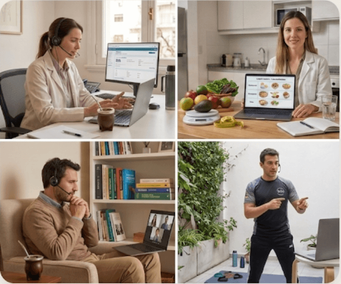 Collage de cuatro escenas de teleconsulta con ByPass: una médica atiende a un paciente desde su escritorio, una nutricionista muestra un plan de comidas en la cocina de su casa, un profesional escucha desde el sillón de su living y un entrenador guía una sesión desde el patio.