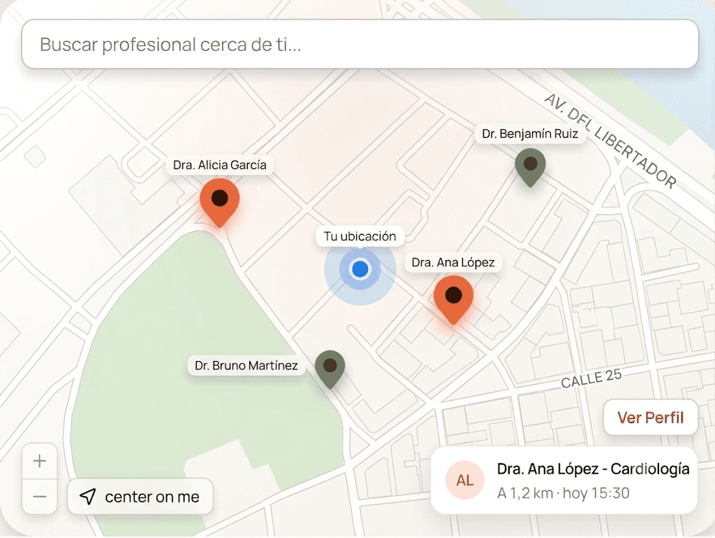 Vista de mapa de ByPass con el buscador «Buscar profesional cerca de ti», el punto azul de «Tu ubicación» y varios pines de profesionales cercanos (Dra. Alicia García, Dr. Benjamín Ruiz, Dra. Ana López, Dr. Bruno Martínez); abajo, una tarjeta con la Dra. Ana López — Cardiología, a 1,2 km, hoy 15:30, y el botón «Ver Perfil».