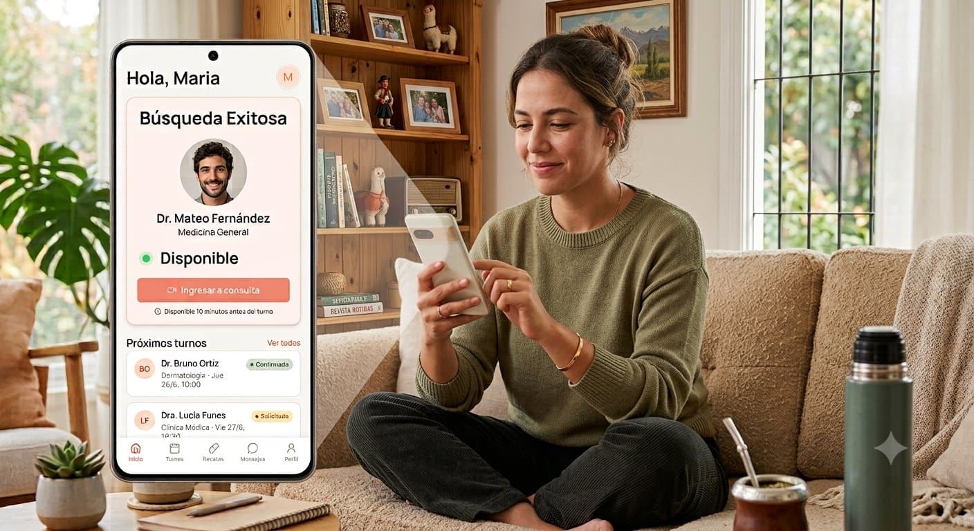 Una mujer sentada en el sillón de su casa usa la app de ByPass en su teléfono para una teleconsulta; en la pantalla, la búsqueda del Dr. Mateo Fernández aparece como «Disponible» con el botón «Ingresar a consulta».